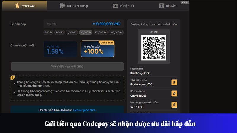 Gửi tiền qua Codepay sẽ nhận được ưu đãi hấp dẫn