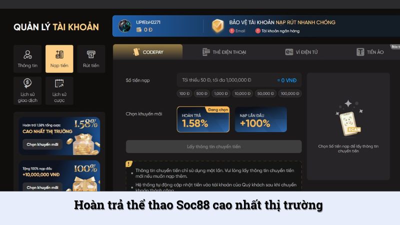 Hoàn trả thể thao cao nhất thị trường cá cược lên tới 1.58%