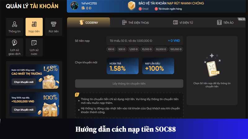 Hướng dẫn cách nạp tiền SOC88 nhanh chóng cho người mới
