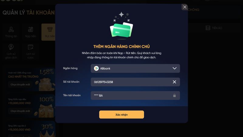 Thao tác thêm tài khoản người chơi để mở đầu bước rút tiền SOC88