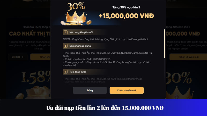 Ưu đãi nạp tiền lần 2 lên đến 15.000.000 VNĐ